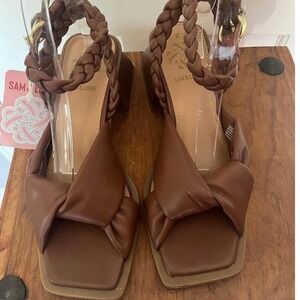 Sam & Libby Brown Braided Ankle Strap Square Toe Block Heel Sandals Size 7